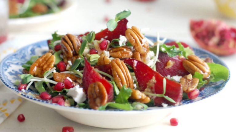Candied Pecan Roasted Beet Salad with Maple Balsamic Dressing